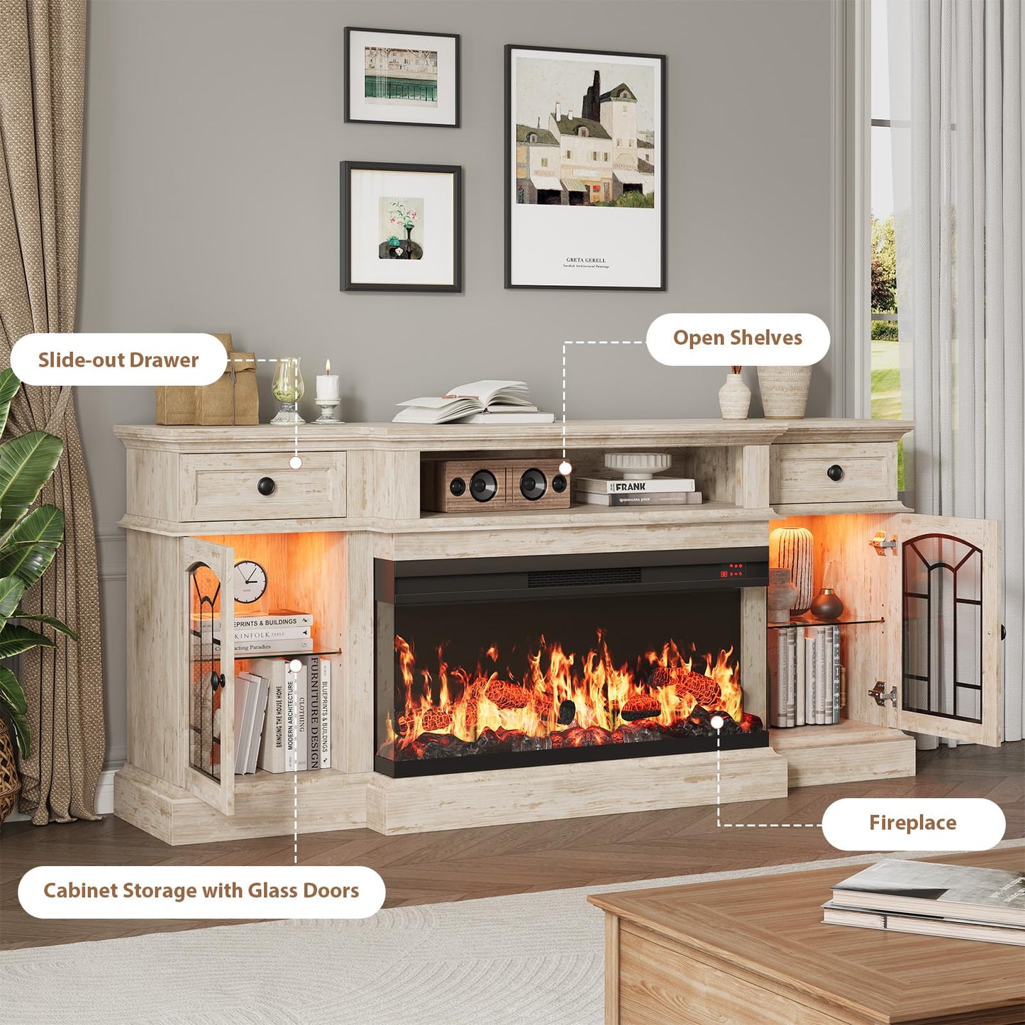 QUW 70" Farmhouse Fireplace TV Stand for TVs up to 80", Entertainment Center with 36" 3-Side Glass Electric Fireplace with Open Shelf and Cabinet, TV Console for Living Room, Antique Brush Grey