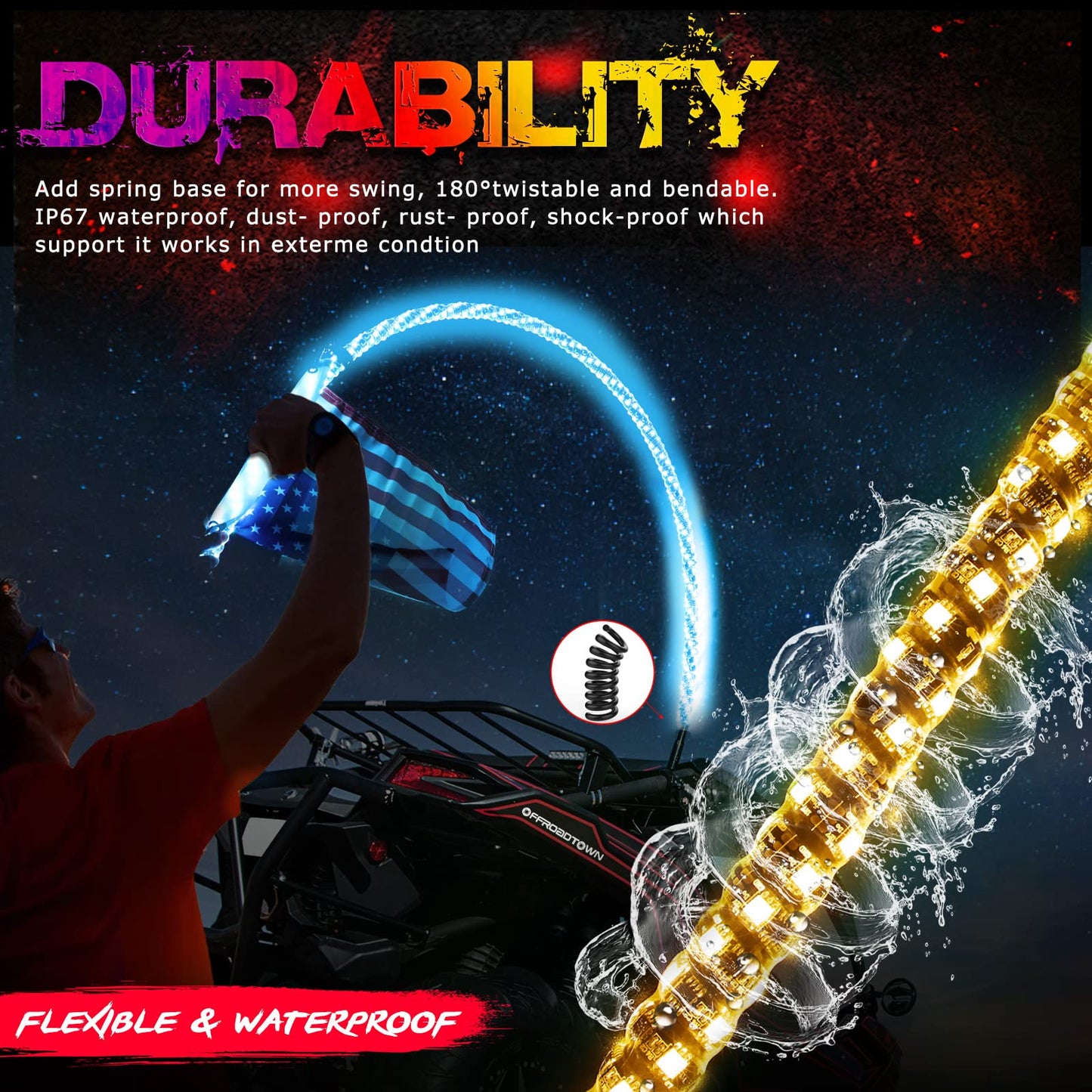 OFFROADTOWN 5FT LED Spiral RGB Whip Lights 2PCS w/RGB Chasing/Dancing Light, RF Remote Control, Lighted Antenna for UTV ATV RZR SXS Truck Polaris Can-Am