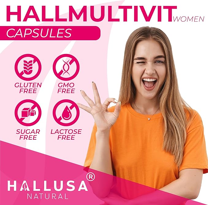 HALLMULTIVIT Women - Multivitamin for Women, Hair Skin and Nails Vitamins (Vitamin D, C, D3, B12, E & More), Biotin, Iron, Folate, Calcium, Magnesium & Zinc
