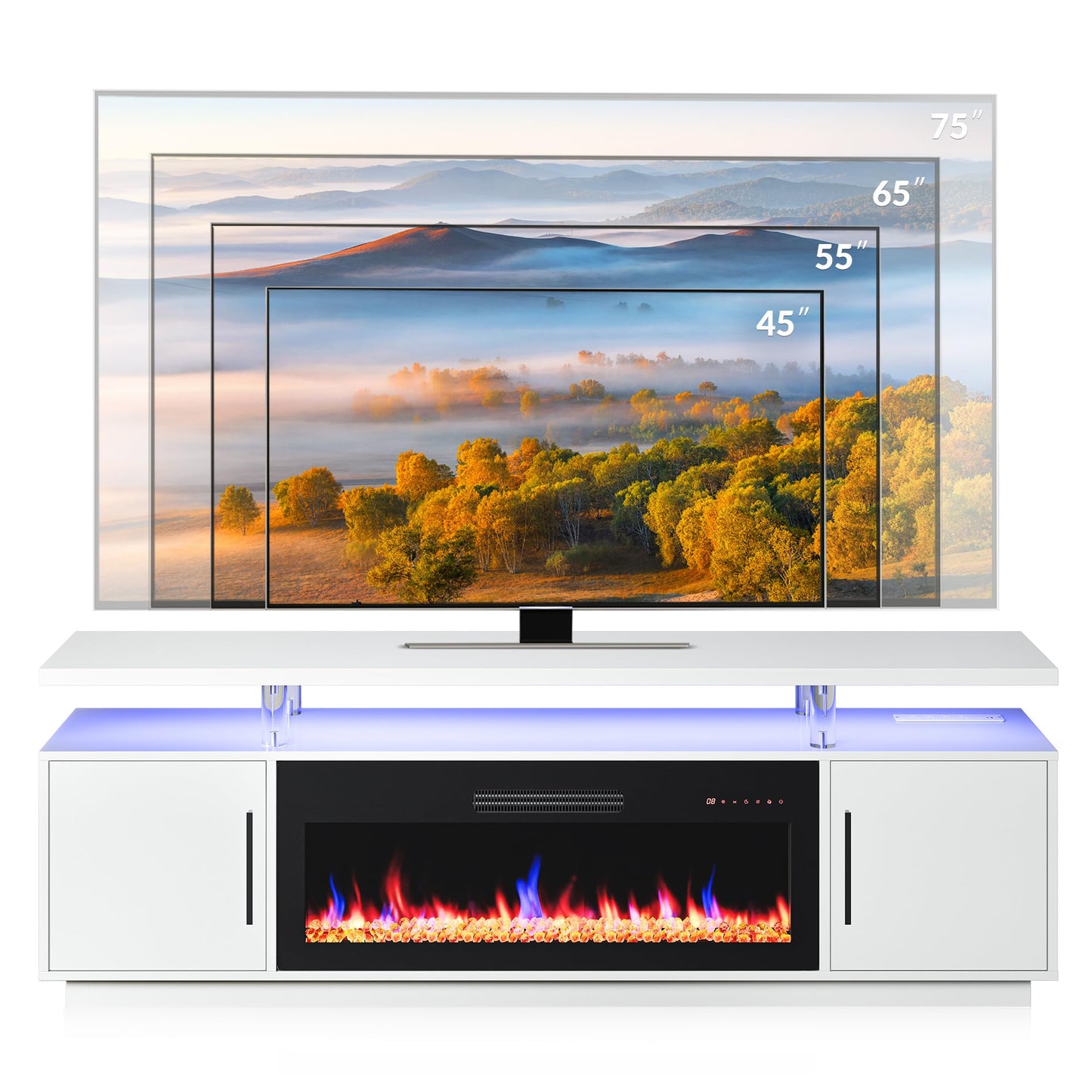 BELLEZE 79" TV Stand for TVs up to 85", LED Light Entertainment Center with 42" Electric Fireplace Heater, Storage Cabinet with USB AC Outlet, Media Console Table for Living Room - Avenue (White)