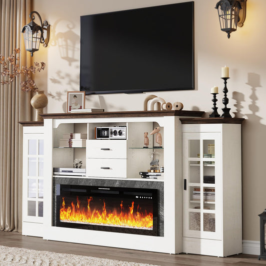 85" Electric Fireplace with Mantel, Fireplace TV Stand w/42 Electric Fireplace for 65 Inch TVs with Power Outlets, Farmhouse Entertainment Center with Storage for Living Room, Bedroom, Antique White