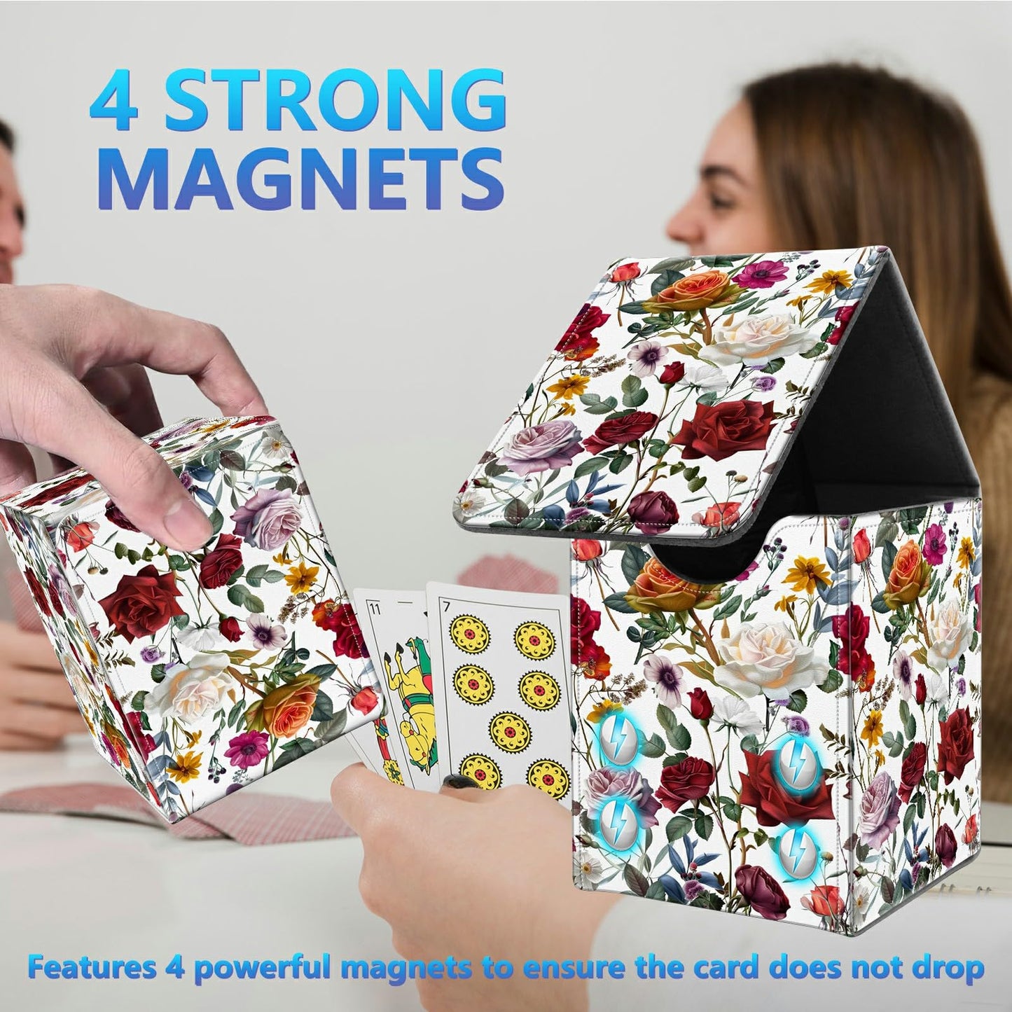 BREIDMKFM Card Deck Box for Trading Cards, MTG Commander Deck Box Fits 100+ Single Sleeved Cards, Leather Magnetic Card Storage Box for YuGiOh TCG CCG Cards, Roses