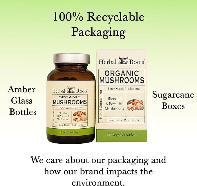 Herbal Roots Mushroom Supplement Capsules | Blend of 8 Organic Mushrooms | Turkey Tail, Lion’s Mane, Shiitake, Cordyceps, Reishi, Chaga, Maitake, Snow | 60 Vegan Capsules