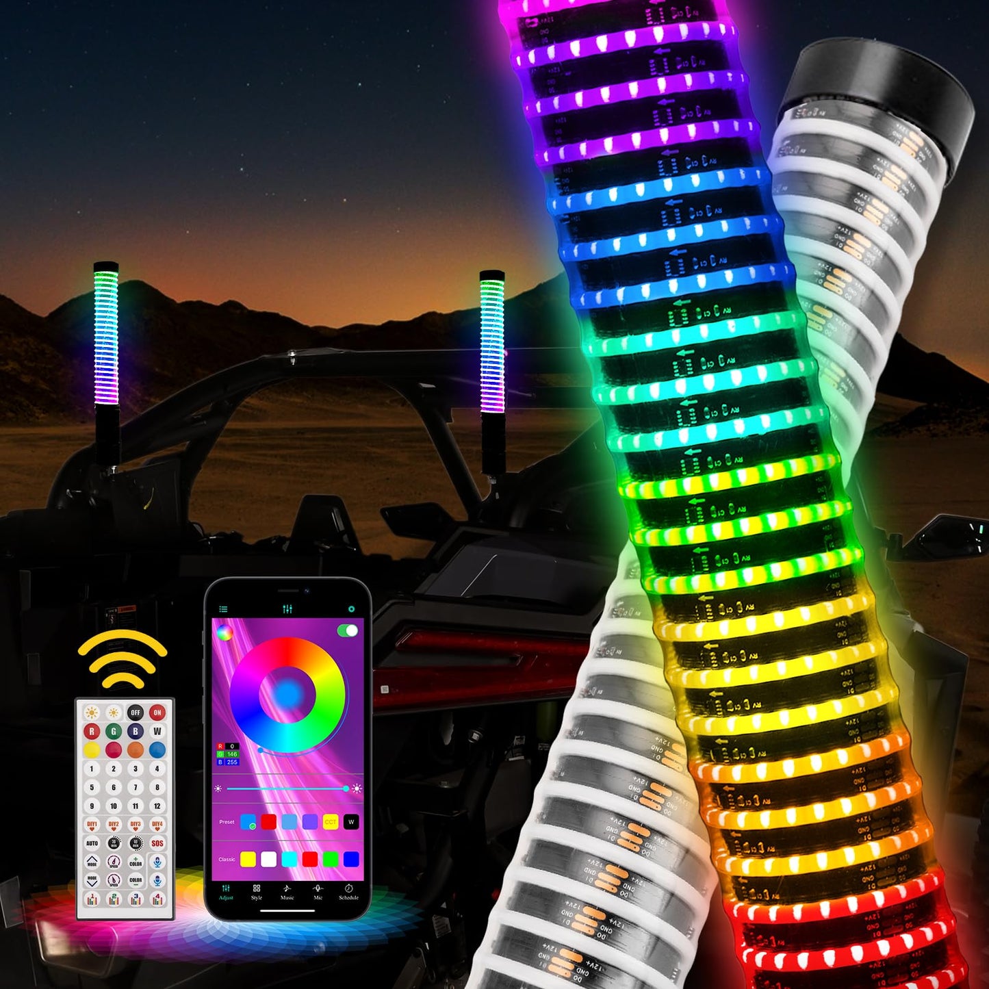 WeiSen 2PCS 1FT Fat COB Whip Light w/Brake Turn Reverse Light, Spiral RGB Chasing Lighted Whips with Plug & Play Rocker Switch Compatible with Polaris RZR Ranger Maverick X3 UTV ATV