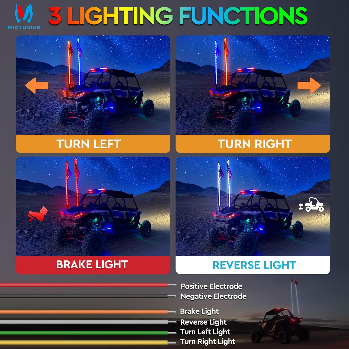 MICTUNING 2pc 3ft Spiral LED Whip Lights with 8 Flags, RF Remote and App Control, RGB Chasing Lighted with Rocker Switch, Music Synced Whips Lights Kit for UTV ATV Polaris RZR Can-Am