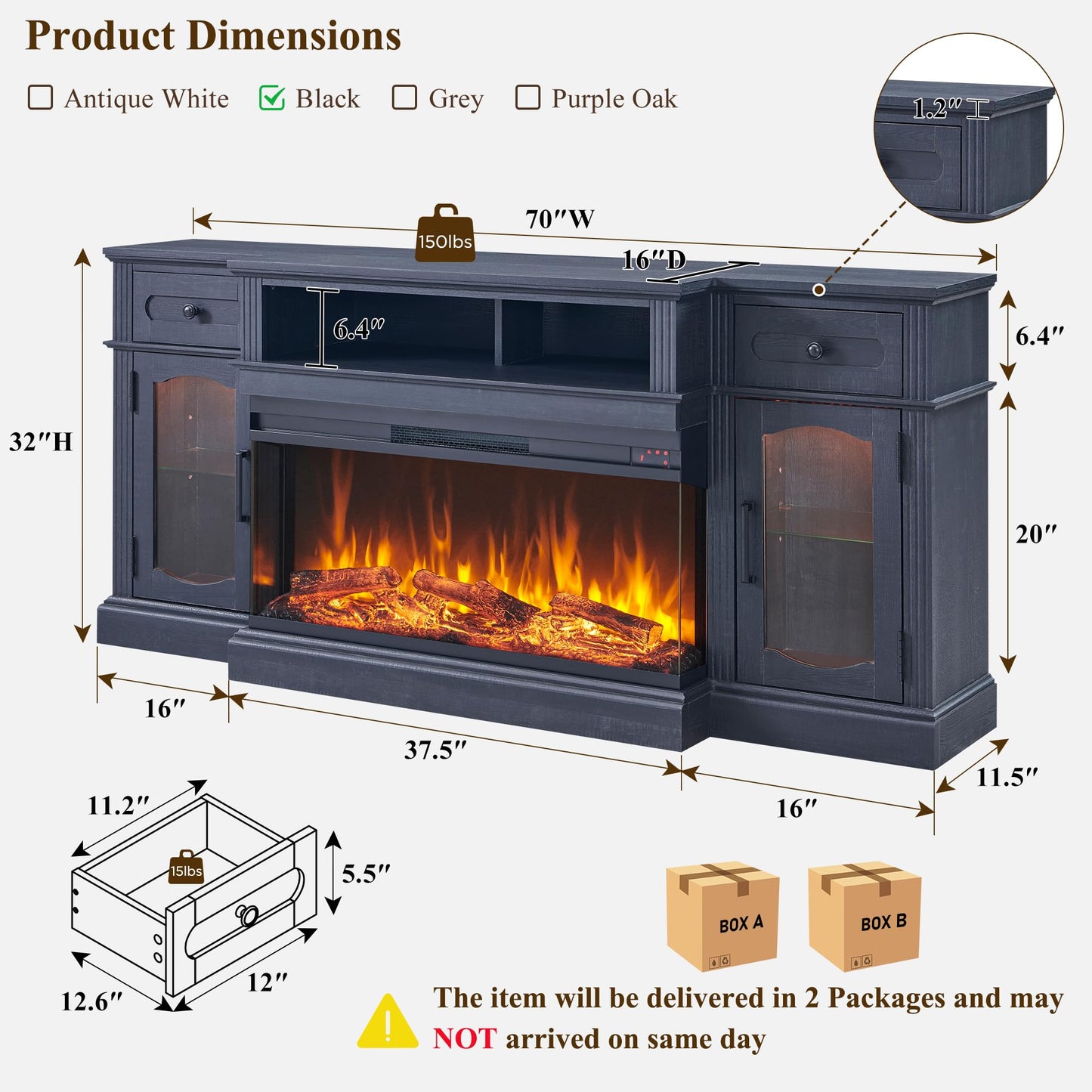 Farmhouse Electric Fireplace TV Stand for TVs up to 80", Entertainment Center with 36" 3-Sided Glass Electric Fireplace & LED Lights, 70-inch TV Console for Living Room, Black