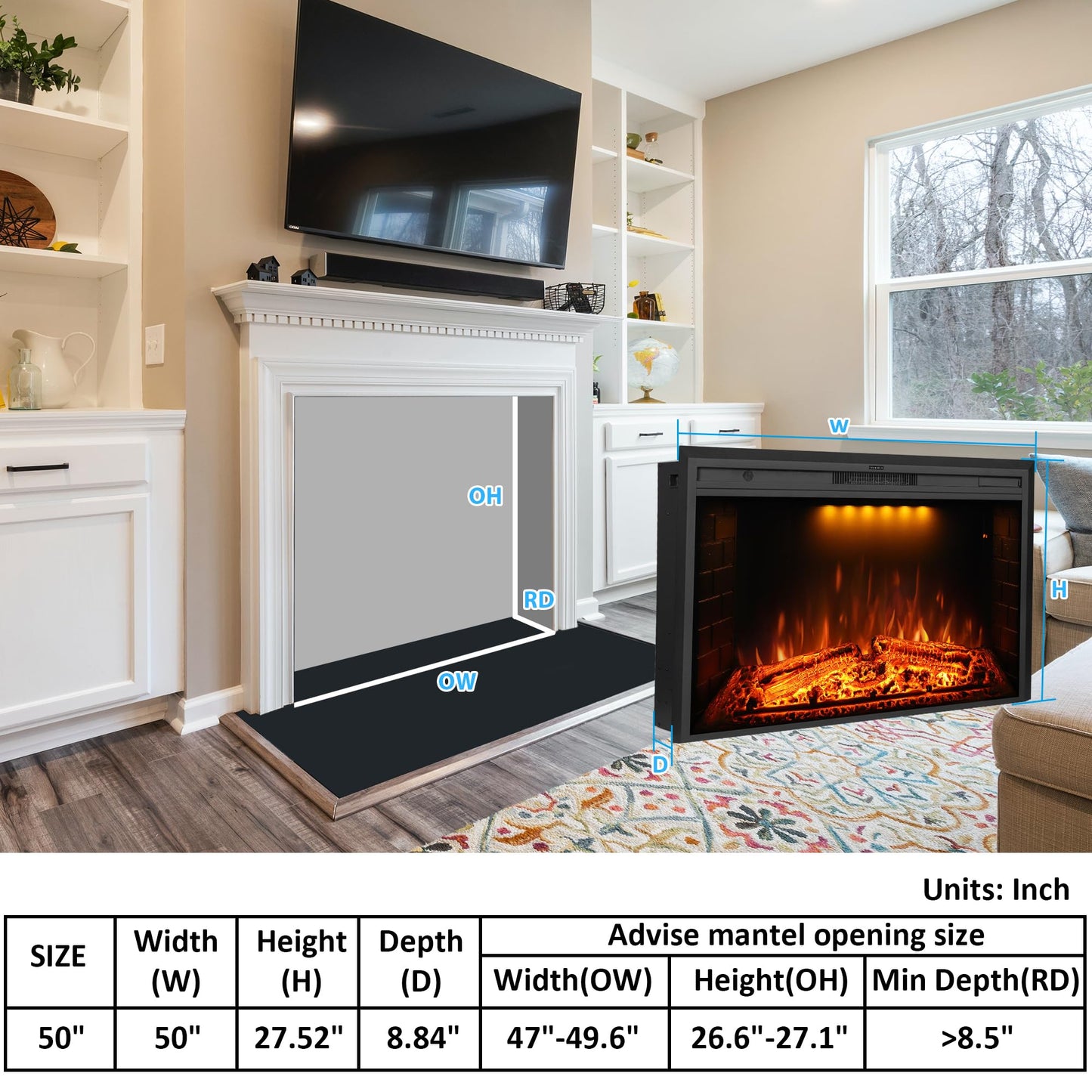 Dreamflame 50 inch Electric Fireplace, Wall Fireplace Electric with Remote Control, Realistic Log and Crackling Sound, Overheating Protection and Timer, 750/1500W Black