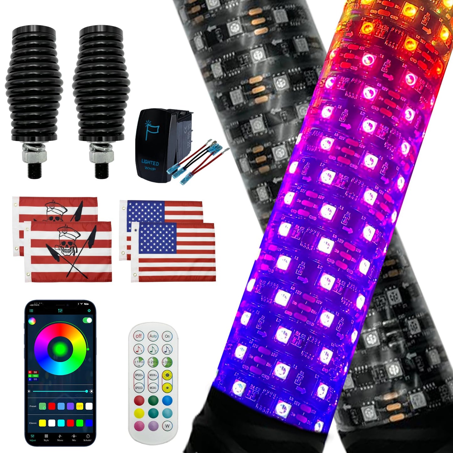 2 Pack 2ft LED Fat Whip Lights, UTV Whip Lights with App & Remote Control, Rocker Switch, Spring Base, Brighter Spiral RGB Chasing Lighted Antenna Whips for Side by Side ATV Can-Am SXS Truck Polaris