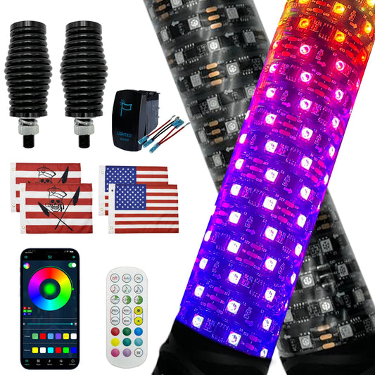 2 Pack 2ft LED Fat Whip Lights, UTV Whip Lights with App & Remote Control, Rocker Switch, Spring Base, Brighter Spiral RGB Chasing Lighted Antenna Whips for Side by Side ATV Can-Am SXS Truck Polaris