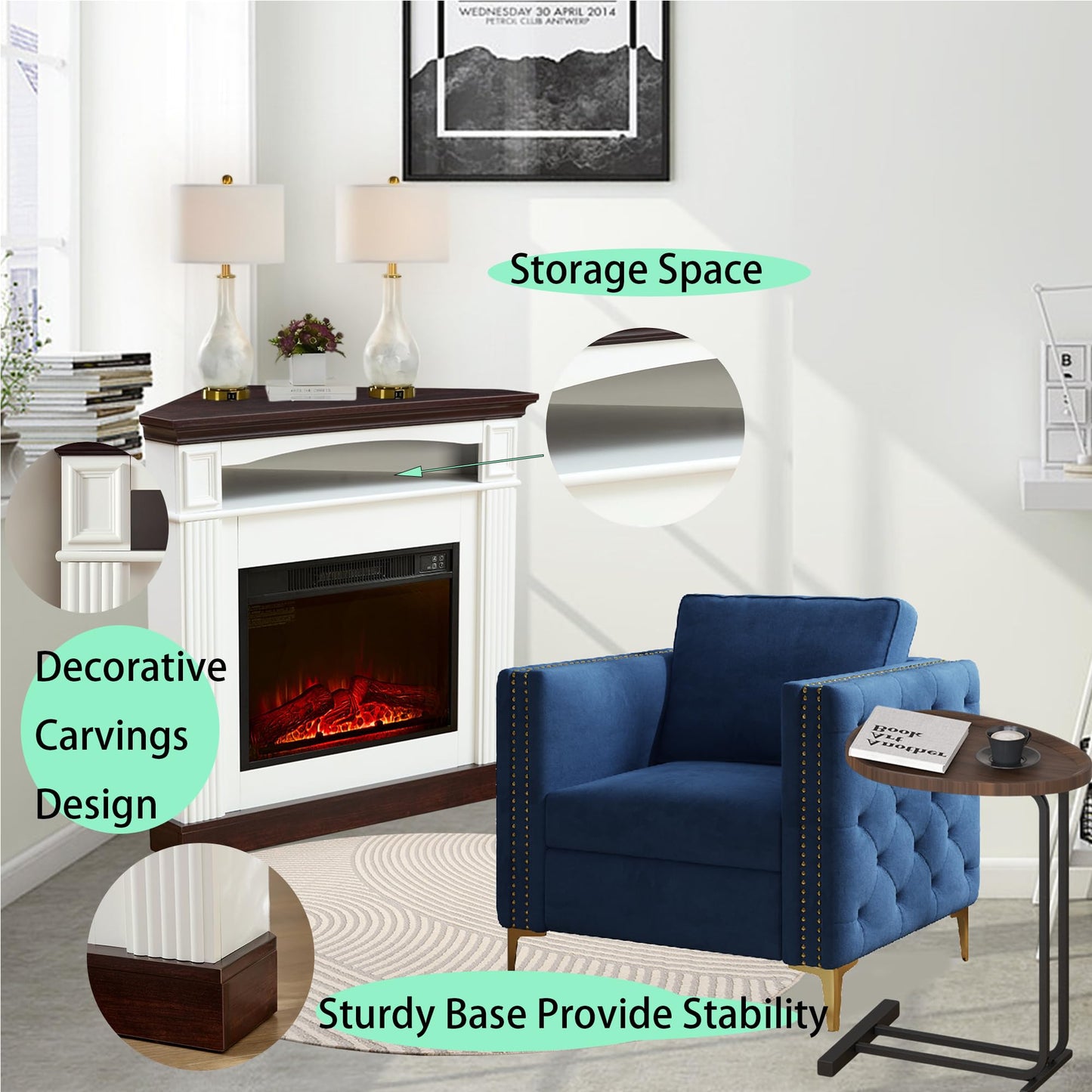 Corner Electric Fireplace with Mantel, Space Heaters for Indoor Use with 23" Fireplace Insert, Adjustable Flame, Remote Control, Electric Fireplaces for Livingroom, Bedroom,Studyroom (White-Corner)