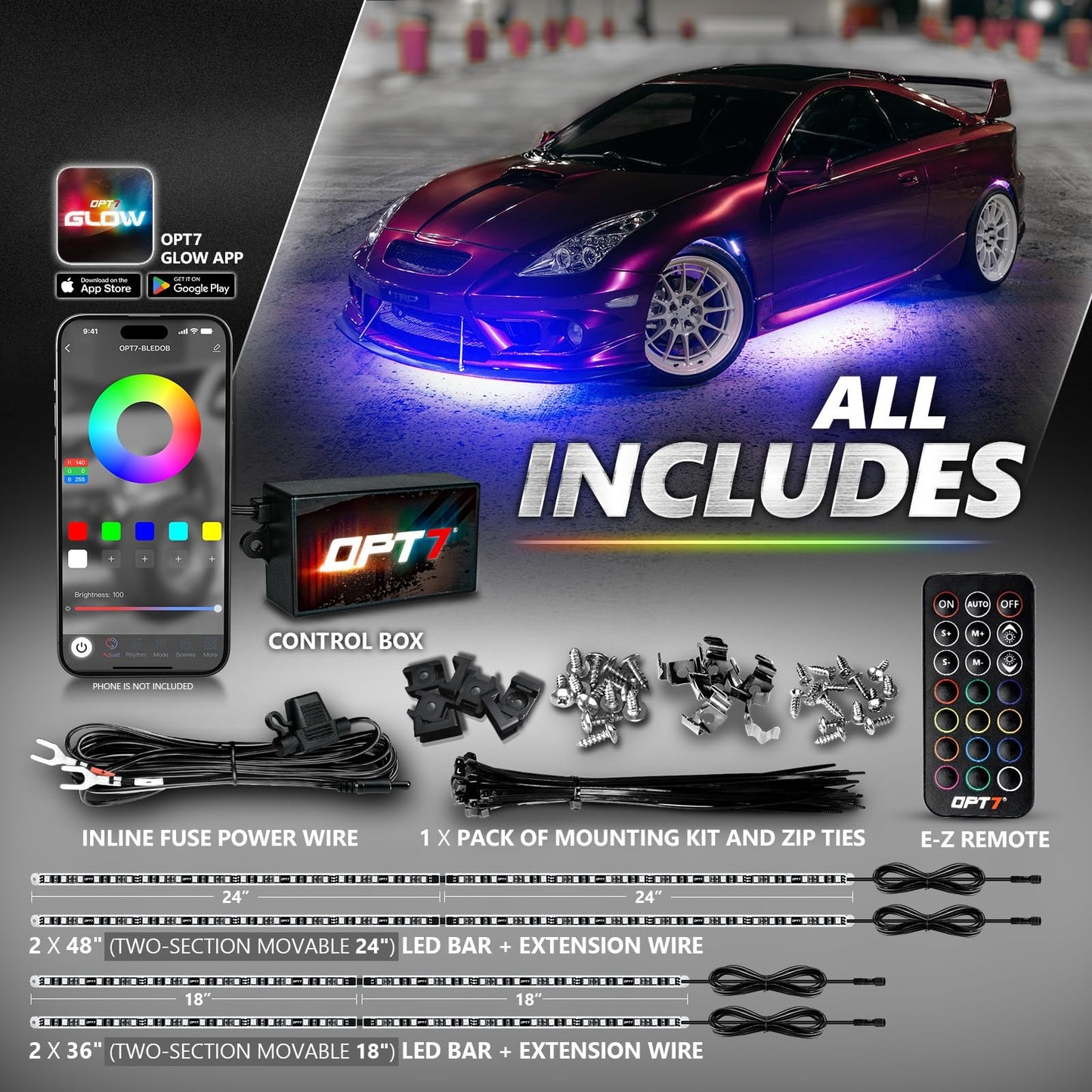 OPT7 Aura Pro Underglow LED Lights Kit for Car with APP & Remote Control, RGB Multicolor Modes, Music Sync, Waterproof Rigid Aluminum Light Bar, Exterior Neon Accent Underbody Lighting Kit