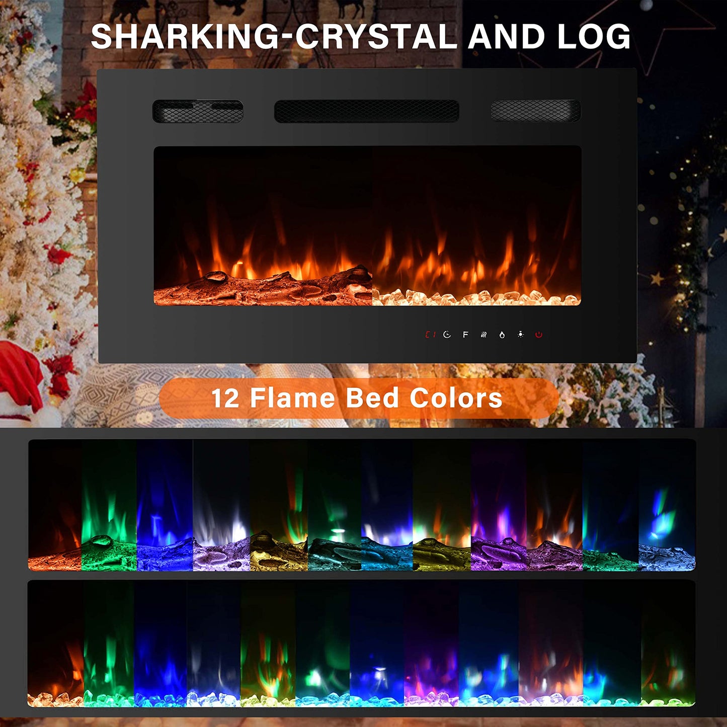 Cozy Daisy Electric Fireplace Heater,Wall Mounted and in-Wall Recessed,with Touch Screen, Realistic 12 Color Flame, Remote Controller/Log & Crystal Hearth Options,750W-1500W,Black (30 inch)