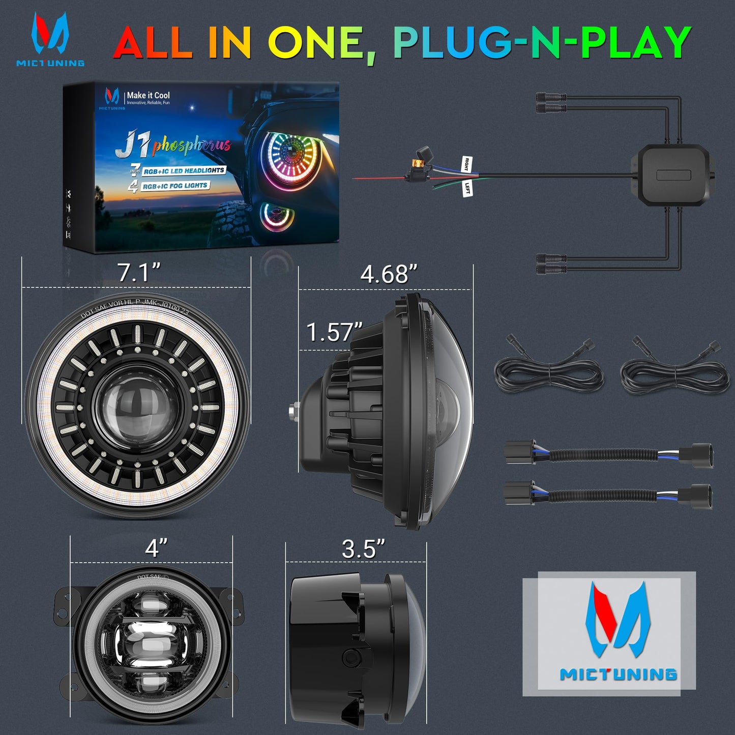 MICTUNING J1 RGB+IC 7-inch LED Headlights with Fog Lights, Multi-color Chasing App Control Compatible with 1997-2018 Jeep Wrangler TJ JK Chevy Ford GMC, DOT Approved, Anti-glare 1000% Brighter