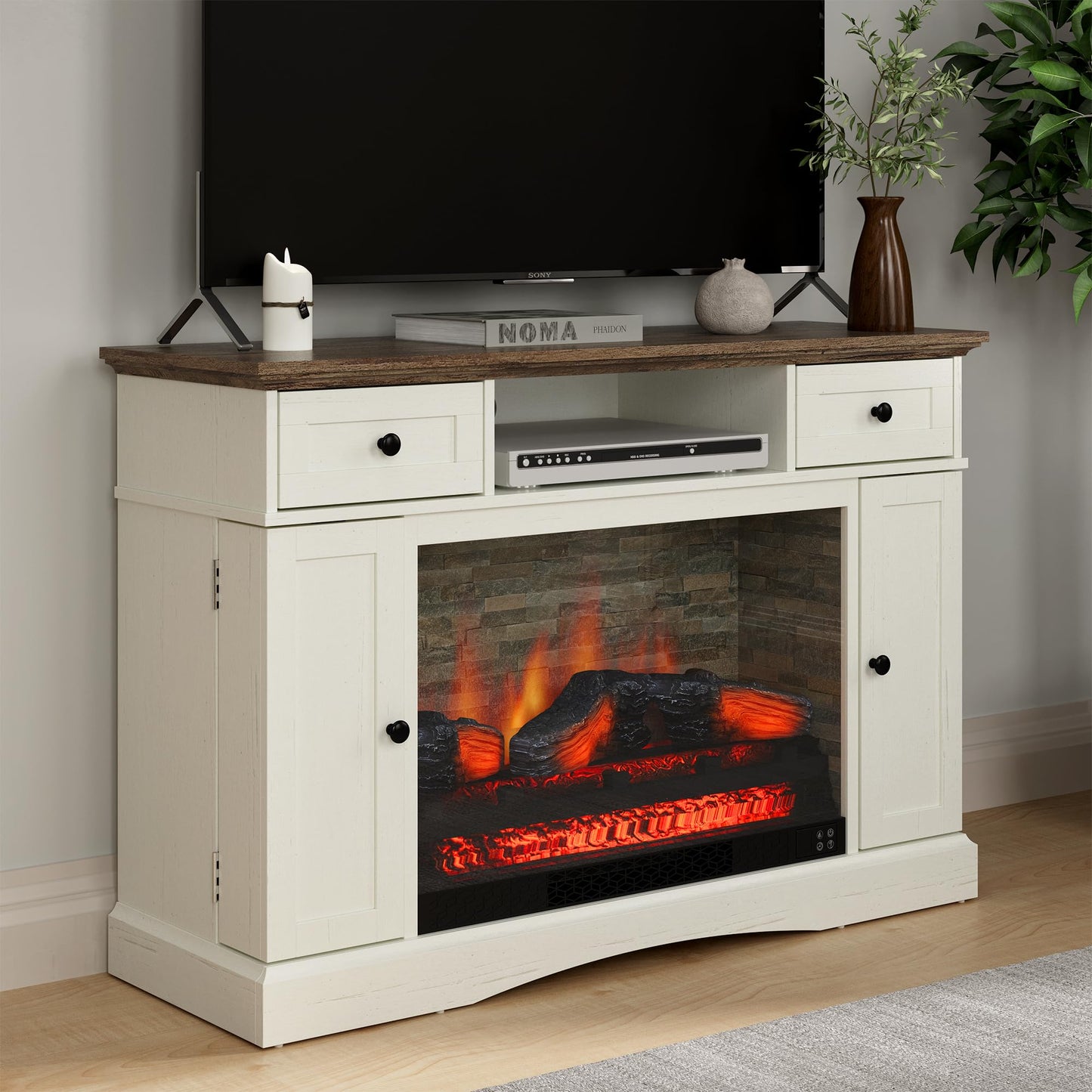 RoyalCraft Fireplace TV Stands with for TVs up to 55'', Media Console Table with Adjustable Shelves, Double-Door Design, Entertainment Center for Living Room, White and Rustic Oak