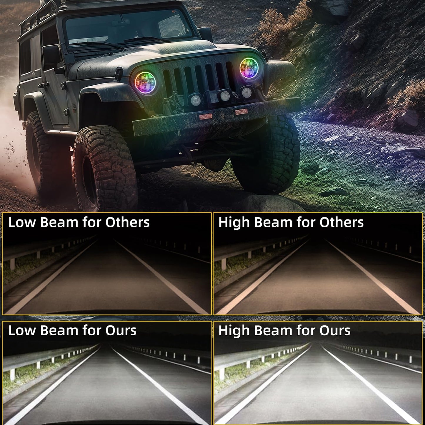 YEEGO DIRECT 7 Inch LED Headlight RGB Halo for Wrangler Headlights & 4 Inch RGB Fog Lights, DOT Approved, Bluetooth APP Control Custom Colors, Compatible with Wrangler 1997-2018 JKU JK TJ LJ
