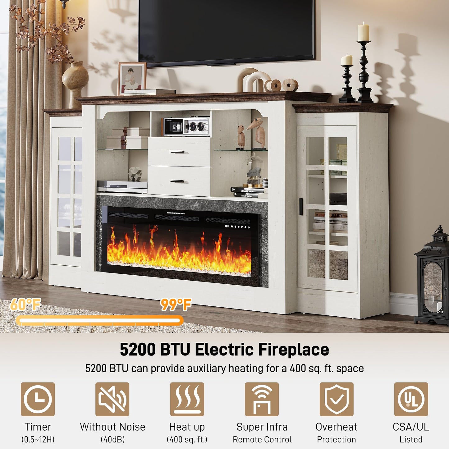 85" Electric Fireplace with Mantel, Fireplace TV Stand w/42 Electric Fireplace for 65 Inch TVs with Power Outlets, Farmhouse Entertainment Center with Storage for Living Room, Bedroom, Antique White