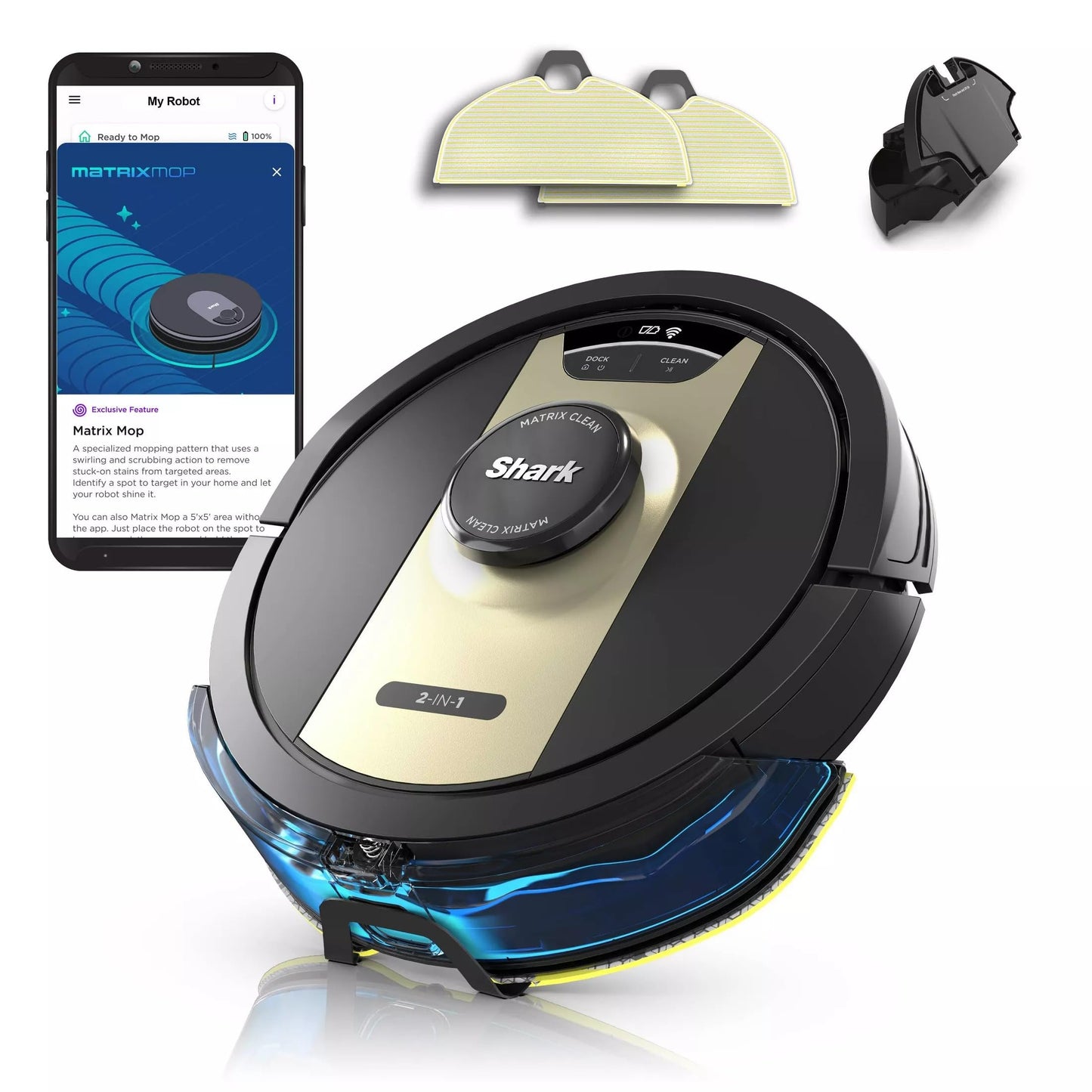 SHARK Shark RV2410WD IQ 2-in-1 Robot Vacuum & Mop with Matrix Clean & Sonic Mopping, Perfect for Pet Hair, Carpets, Hard Floors, Compatible with Alexa, Black/Gold, No Self-Empty Base (Renewed)