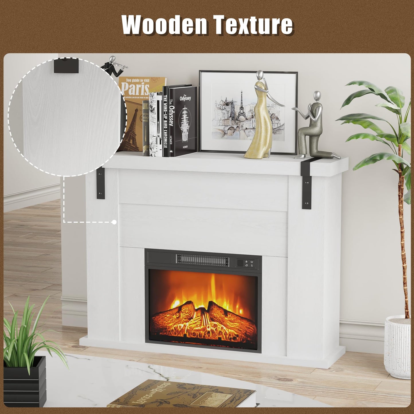 TRONLEE 46" Fireplace Mantel Cabinet, 34.7 inches Tall Includes 23" Freestanding 1400W Electric Fireplace, Remote Control, for Living Room, Study, Bedroom, 46.45W x 34.72 H(White Oak, 23'' Heater)