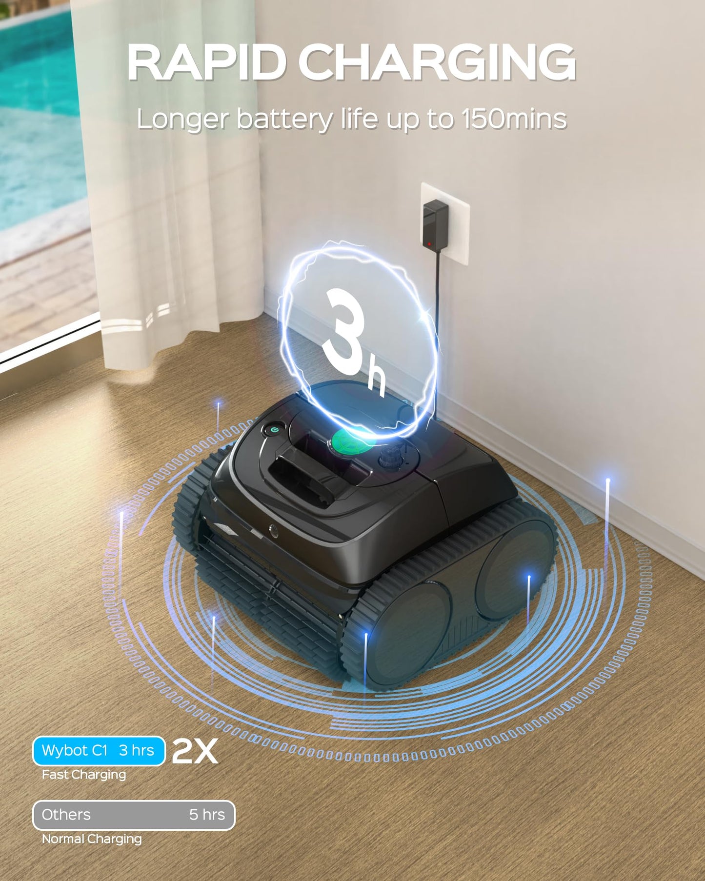 WYBOT C1 Robotic Pool Vacuum for Inground Pools, 150min Runtime Cordless Pool Cleaner up to 1,614Sq.ft, Wall & Waterline Cleaning, 4-in-1 Smart Navigation, App Support