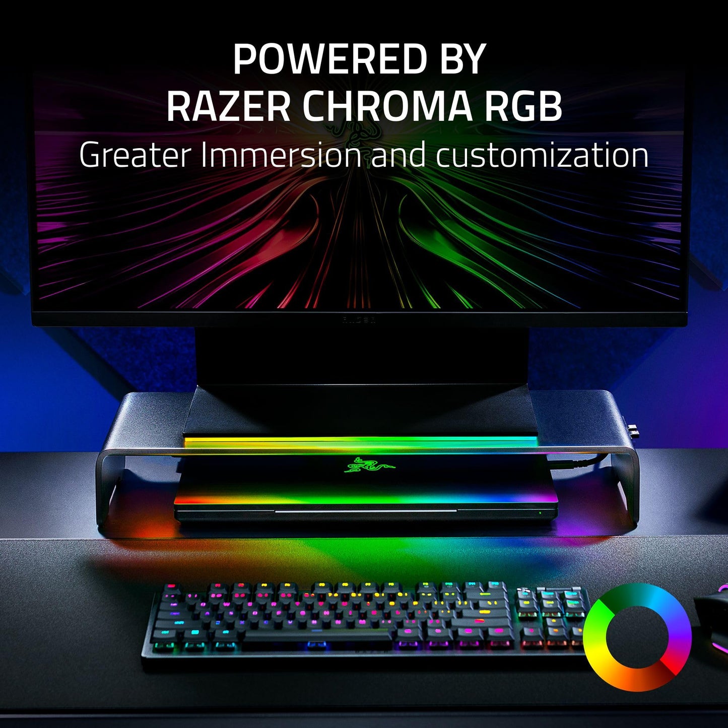 Razer Monitor Stand Chroma: 4 Port Hub - USB A 3.2, USB C 3.2, HDMI 2.0 - Ergonomic Height - Durable Aluminum Supports Up to 44 lbs - Organize Storage Shelf - Remappable RGB Buttons - Chroma RGB
