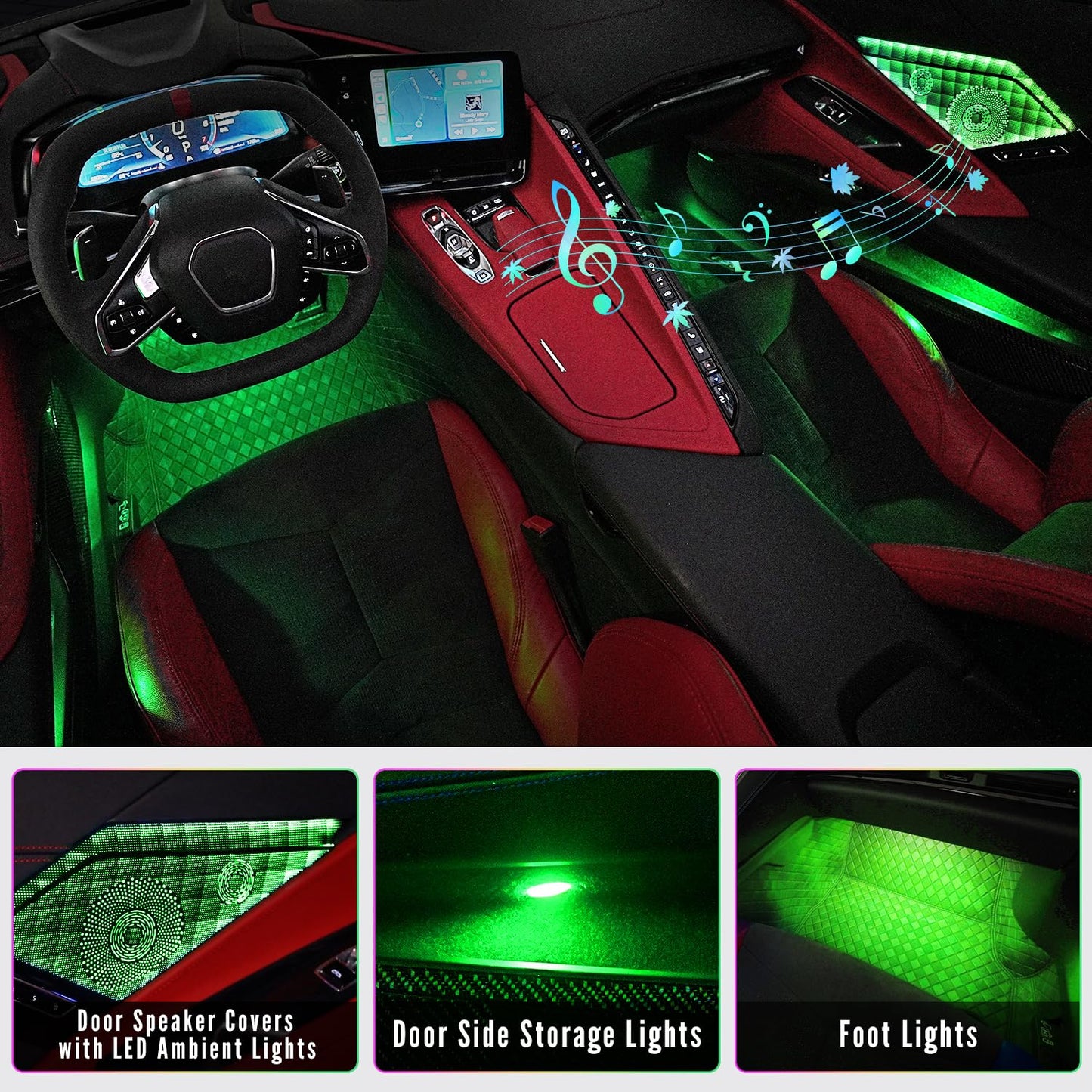 Bracingo Door Speaker Relays Cover Trim w/Neon Accent Lights fit for C8 Corvette 2019-2024,LED Ambient Foot Lights,Atmosphere Door Storage Box Lamps,Voice APP Button Switching Control,RGB