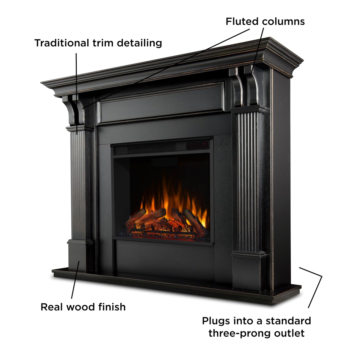 Real Flame Ashley 48" Electric Fireplace with Mantel for Living Room or Bedroom, Replaceable Fireplace Insert Heater, Realistic Log and Flame Effect, Remote Control, Timer