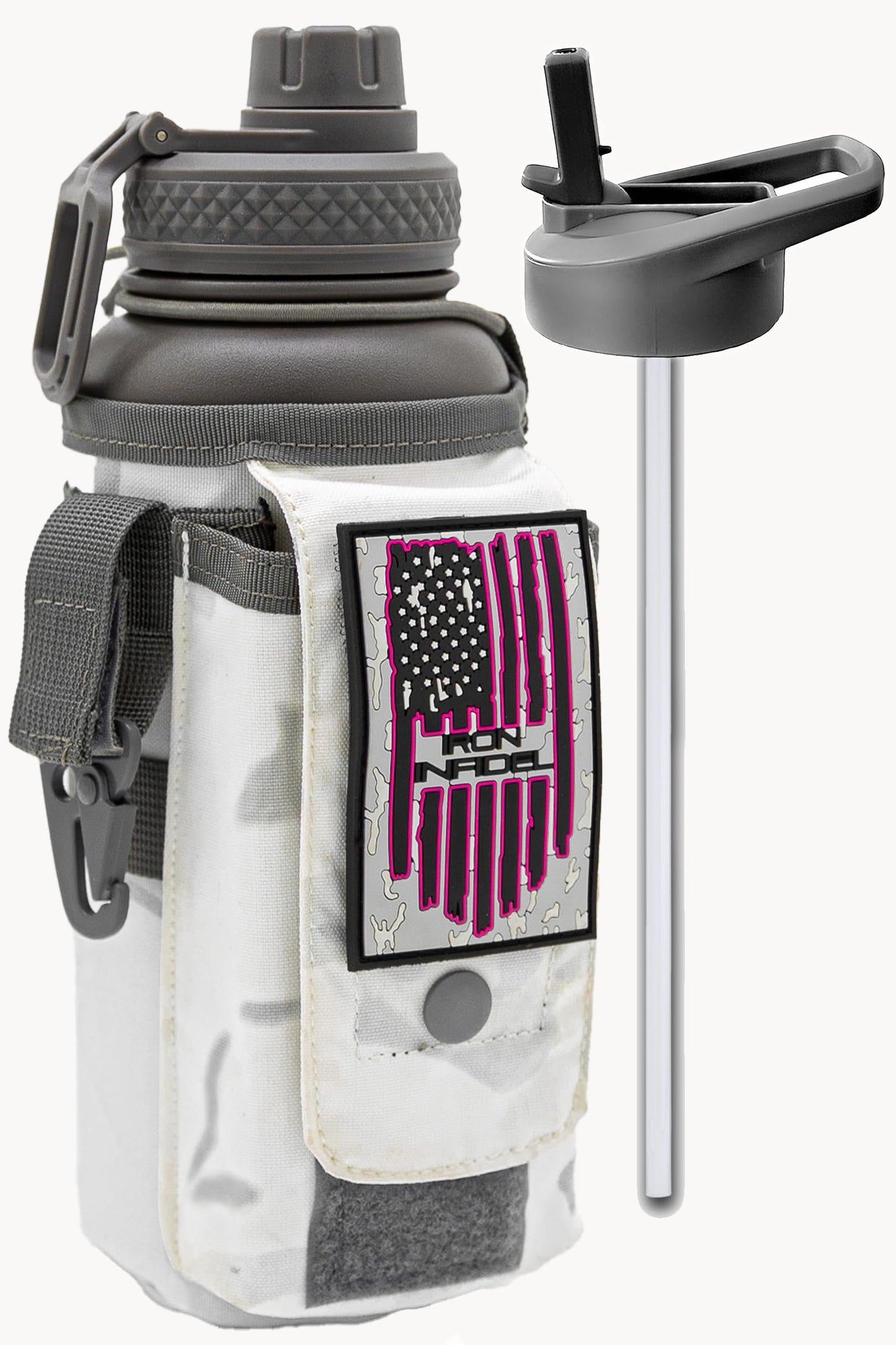Iron Infidel Battle Bottle - 32 Oz Insulated Water Bottle with Straw Lid & Chug Cap, Stainless Steel Metal Flask Includes Rugged, Removable Sleeve for Keys, Wallet, & Phone (Arctic Camo 1 Liter)