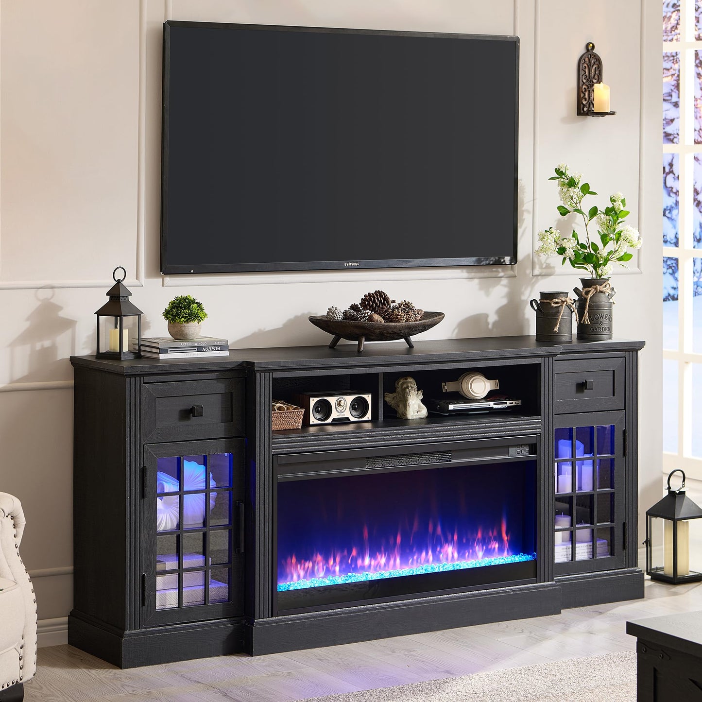ACCOHOHO Farmhouse Fireplace TV Stand for 80 Inch TV, Entertainment Center w/ 36'' Electric Fireplace & LED Lights, Mordern Media Console with Storage Drawers & Cabinets for Living Room, Black