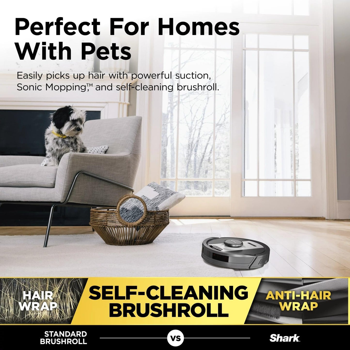 Shark RV2400WD IQ 2-in-1 Robot Vacuum & Mop with Matrix Clean & Sonic Mopping, Perfect for Pet Hair, Carpets, Hard Floors, Compatible with Alexa, Black/Silver, No Self-Empty Base (Renewed)