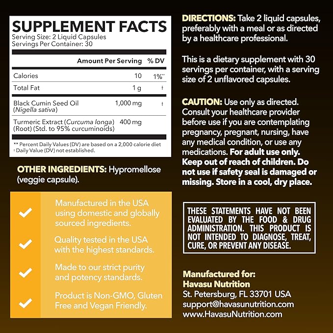 Black Seed Oil Capsules with Turmeric Curcumin Supplement - Immune & Digestive Health Support - 60 Count - Vegan, Non-GMO, Cold Pressed Black Seed Oil with Curcumin (95% Curcuminoids) - 1 Month Supply