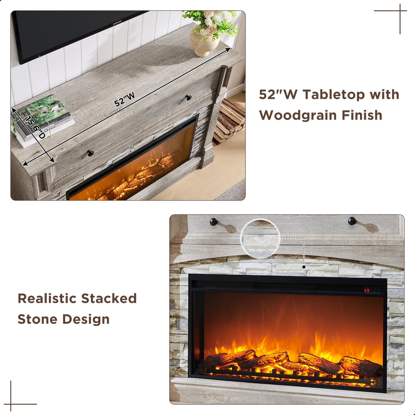 OKD 52" Farmhouse Electric Fireplace with Mantel, Tall Fireplace TV Stand w/Sime-Open Cubby, 36" Freestanding Electric Fireplace Heater,Remote Control, Adjustable 3D Realistic Flame