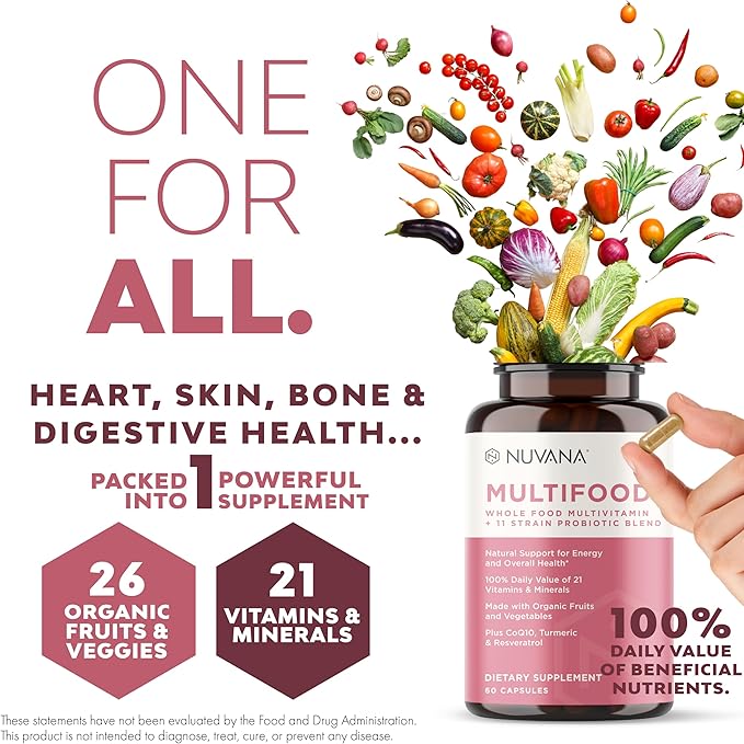 Multifood Whole Food Multivitamin for Men & Women | 21 Organic Fruits & Vegtables | Boosts Energy, Supports Gut & Immune Health | Prebiotics & Probiotics | 60 Capsules