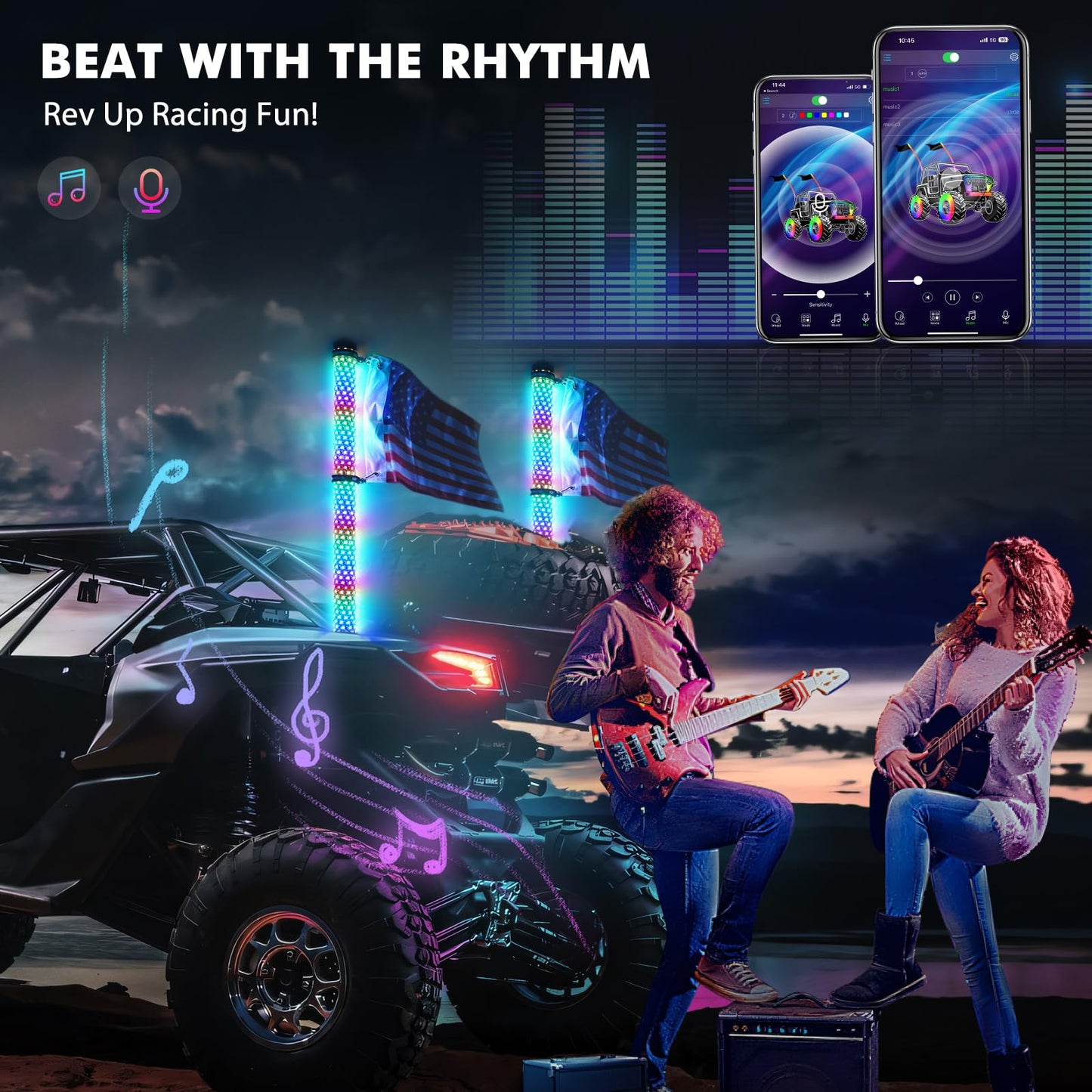 Bevinsee 2PCS 3FT Fat Whip Lights for UTV ATV, Spiral RGB Chasing/Dancing LED Whip Lights with APP & Remote Control, Antenna Lighted Whips for RZR SXS Can-Am Dune Buggy Offroad Truck