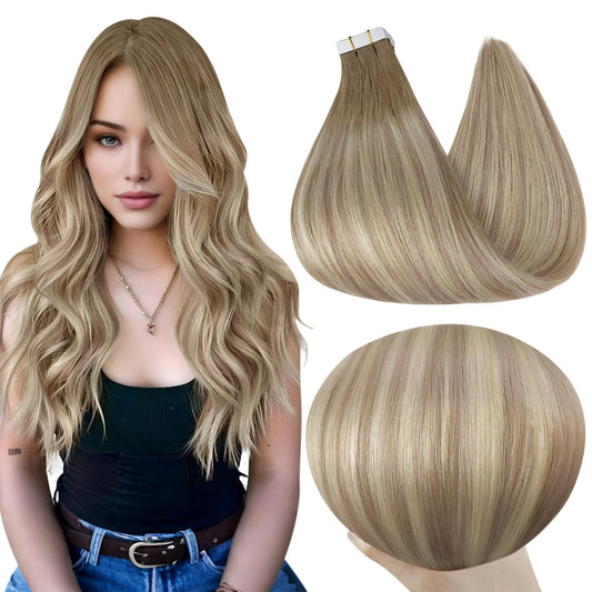 Full Shine Tape in Hair Extensions Human Hair Balayage Color 8 Ash Brown Fading to 60 Highlighted 18 Ash Blonde Seamless Hair Extensions Real Human Hair Tape in Extensions 12Inch 30G for Women 20Pcs