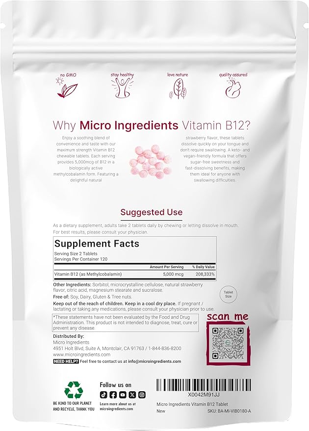 Micro Ingredients Vitamin B12 5000mcg | Methyl B12 Active Form – 240 Chewable Tablets | Fast Dissolve, Natural Strawberry Flavor, Support Energy, Metabolism Health | Vegan, Non-GMO, & No Glute