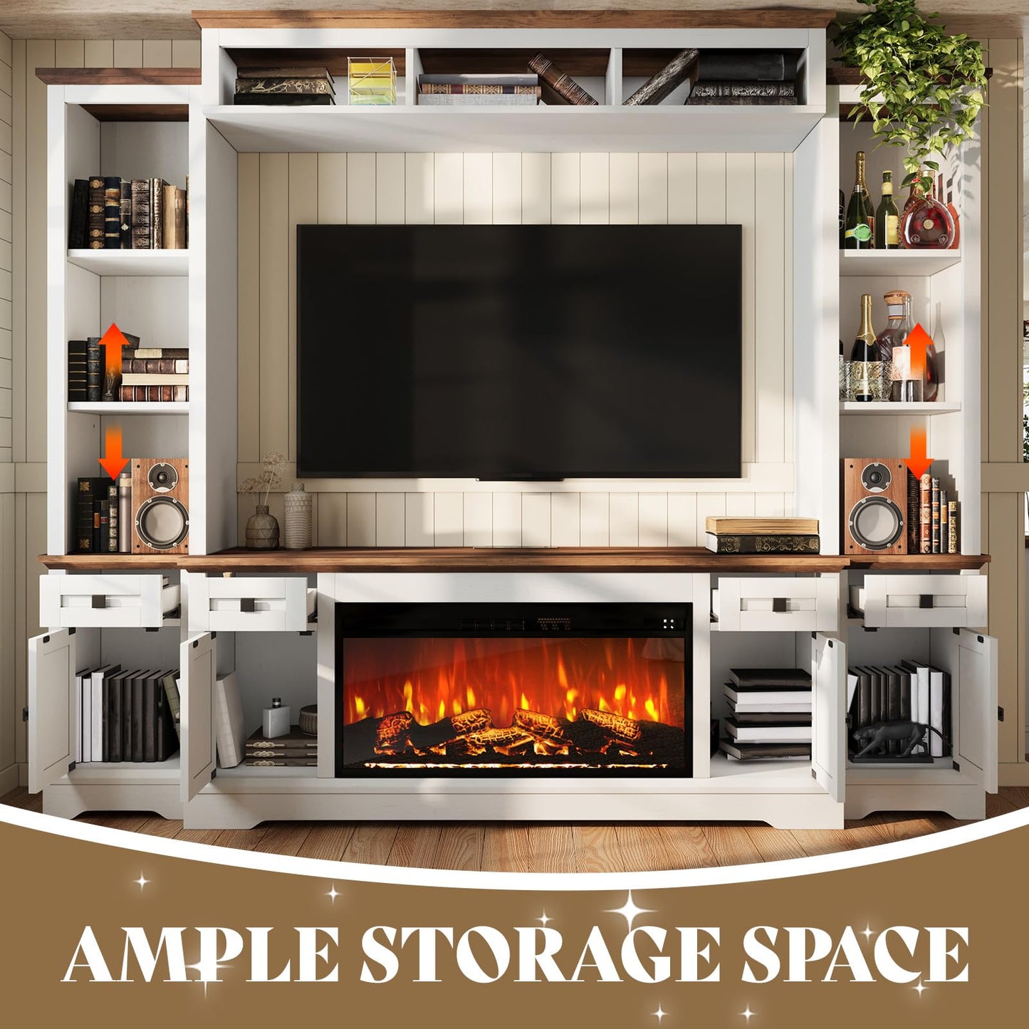 AMERLIFE 98in Farmhouse Entertainment Center with 36" Fireplace, TV Stand, Bookshelf, Wine Cabinet, Fits 78" TVs, Wall Unit Media Console with Power Outlets & Barn Doors, Living Room, Off-White