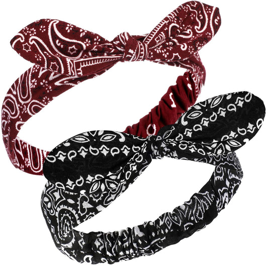 Hicarer 2 Pieces Bandana Headband for Women, Knot Retro Print Bandana Paisley Print Headband Adjustable Headwrap(Black, Deep Red)