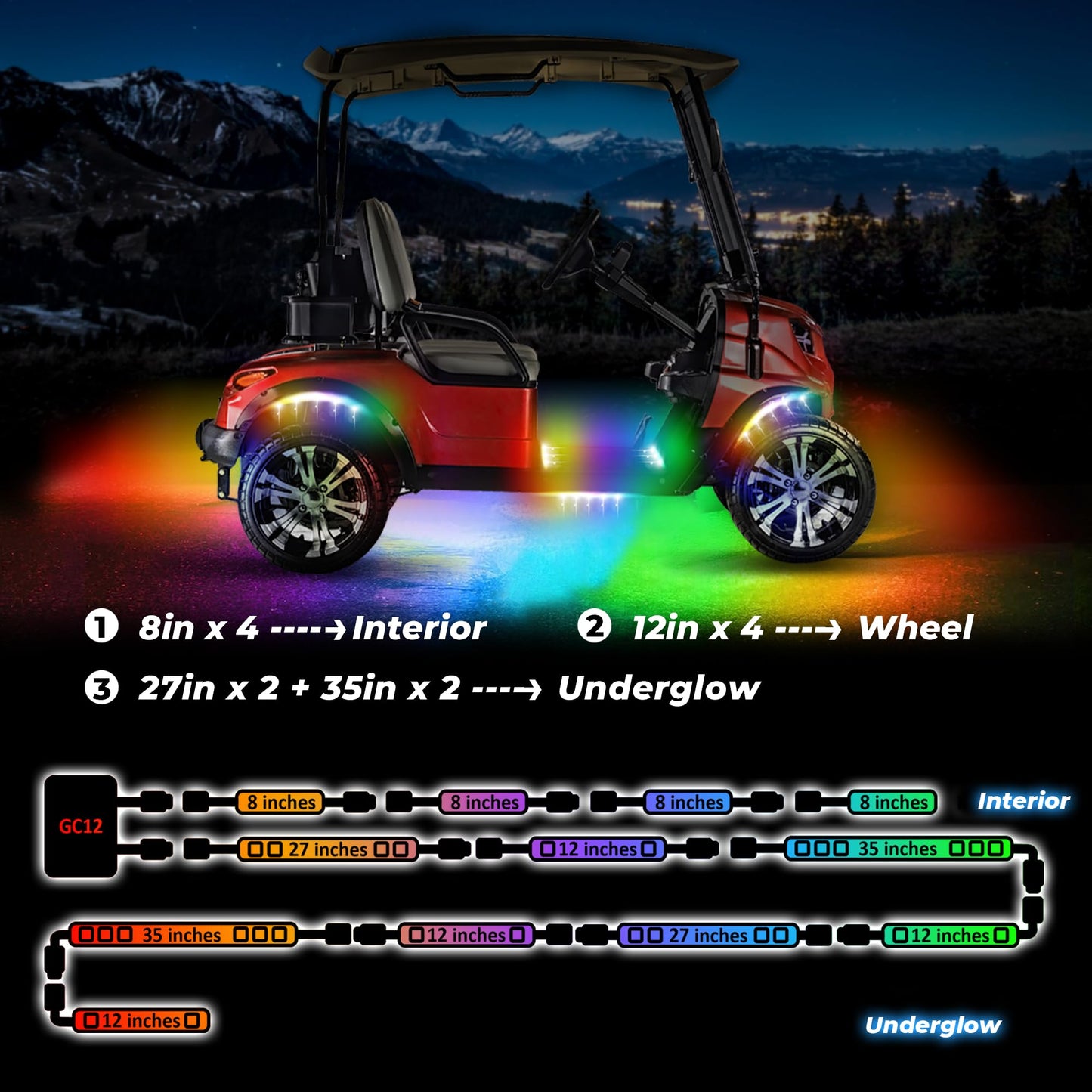 12pcs Golf Cart Lights with 12V-72V Voltage Reducer, RGB Led Underglow Light Kit with 2 Remotes and App Control, Waterproof, Sound Active, Battery Drain Protect Kill Switch Golf Cart Light