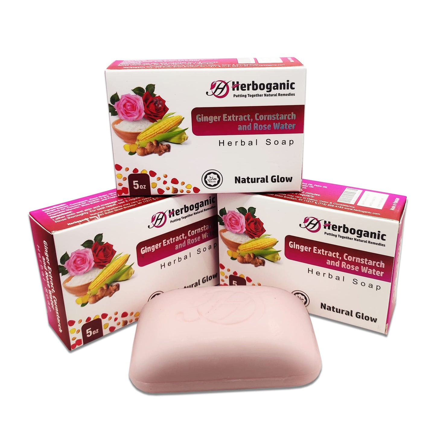 HERBOGANIC Ginger Extract, Cornstarch and Rose Water Herbal Soap | Pack of 3 of 5oz soap Bar | Natural Bar Soap for Face and Body | Hydrating and Nourishing | Suitable for Men and Women