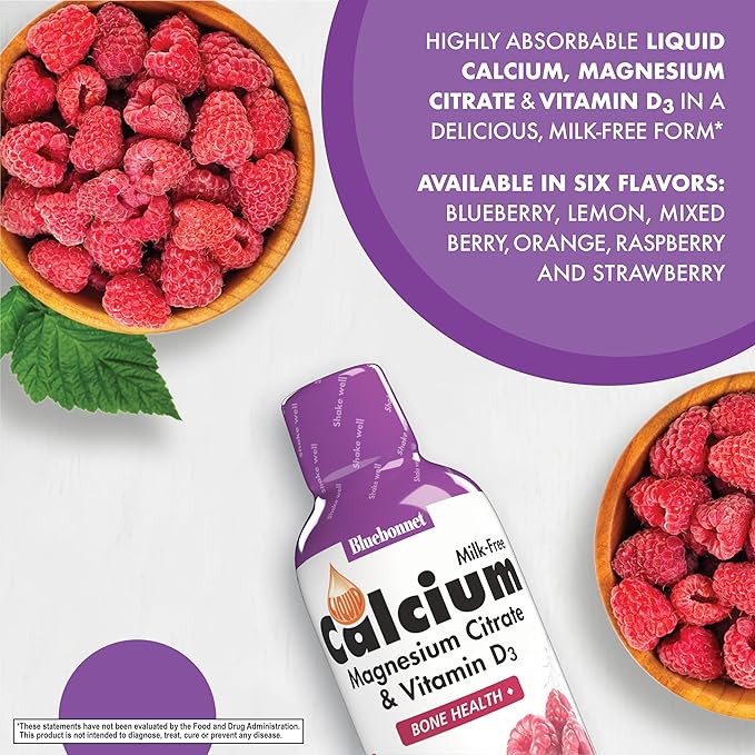 Bluebonnet Bluebonnet Nutrition Liquid Calcium Citrate Magnesium Citrate, Vitamin D3, Bone Health, Gluten Free, Soy free, milk free, kosher, 32 Servings, Raspberry Flavor, 16 Fl Oz (Pack of 1)