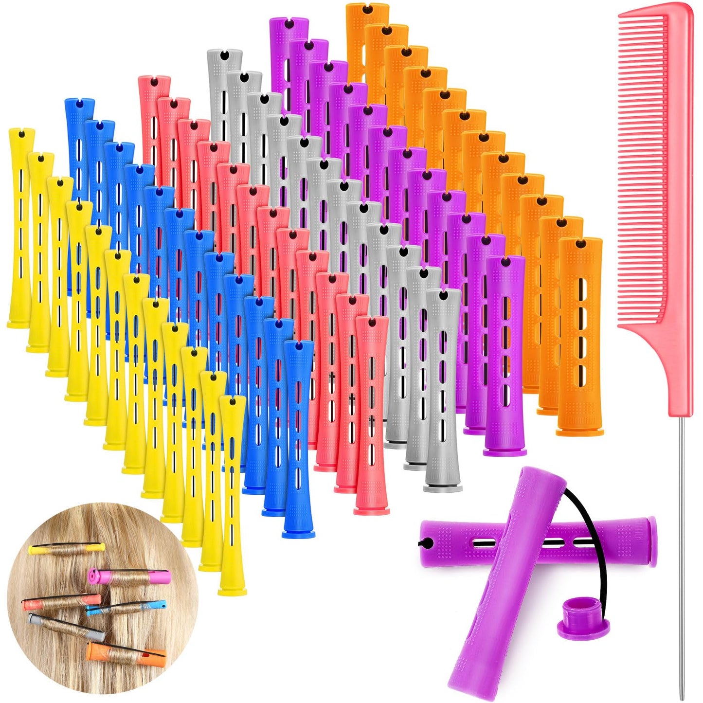 WILLBOND 72 Pieces Hair Perm Rods Set, Short Plastic Perming Rods Cold Wave Roller 6 Sizes Hair Curling Rollers with 1 Piece Steel Pintail Comb for Hairdressing Styling (Long)