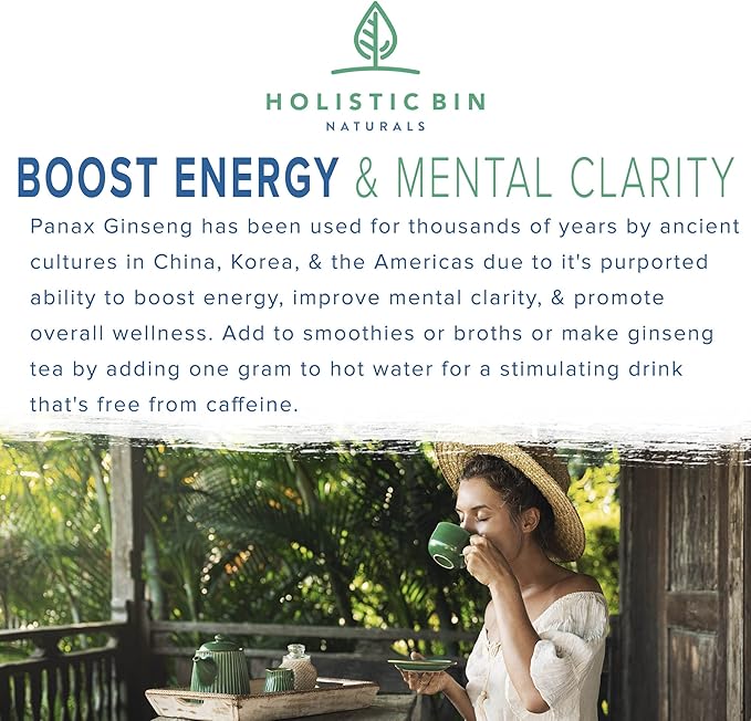 Holistic Bin Wild American Ginseng Powder Pure Organic Ginseng Supplement Made with Wild Harvested 20+ Year Old Roots from Appalachia (Panax Quinquefolius) | No Fillers or Additives (25 Grams)