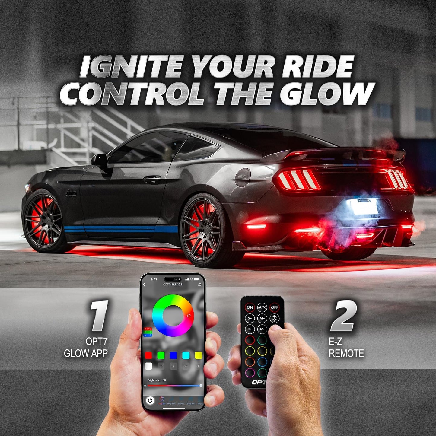 OPT7 Aura Pro Underglow LED Lights Kit for Car with APP & Remote Control, RGB Multicolor Modes, Music Sync, Waterproof Rigid Aluminum Light Bar, Exterior Neon Accent Underbody Lighting Kit