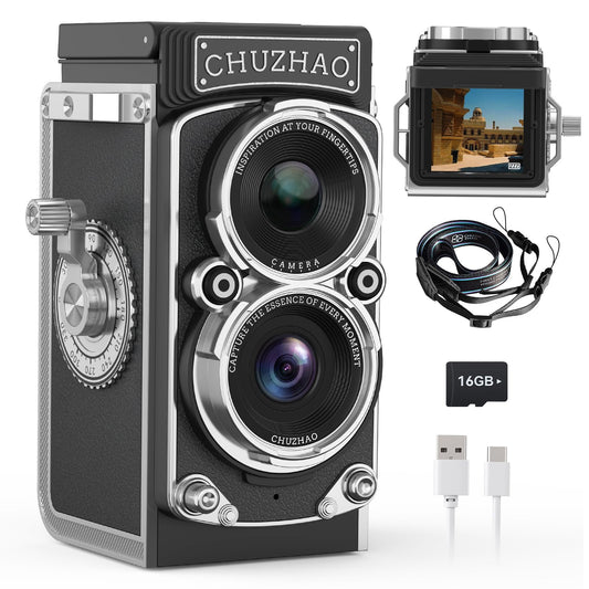 Mini Vintage Digital Camera, Portable Retro Twin-Lens Reflex Style Digital Camera with 16GB Card, 12MP Photos, Autofocus, 1080P FHD Video, 1000mAh Battery and Dual Filters, Perfect for Boys & Girls