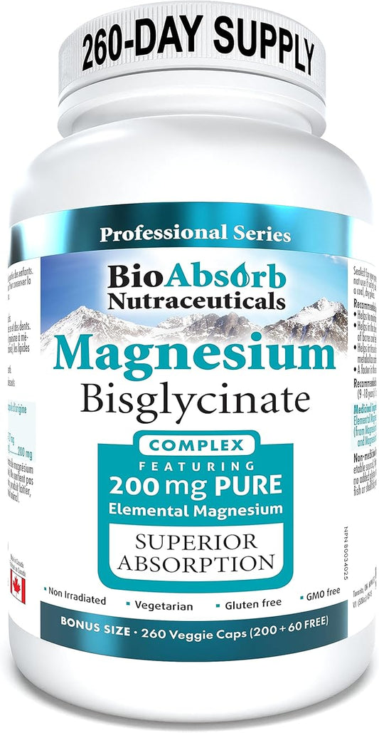 Bio Absorb Magnesium Glycinate/Bisglycinate Supplement. 200mg of Chelated Elemental Magnesium. 260 Vegan Capsules (260-Day Supply)