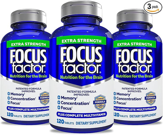 Focus Factor Adults Extra Strength, 120 Count- Brain Supplement for Memory, Concentration, Focus- DMAE, Vitamin D, DHA- Brain Health Supplement – Trusted Formula- Brain Vitamins, Focus Pills (3 Pack)