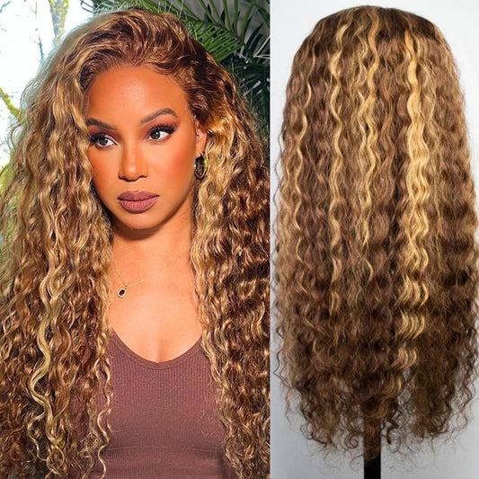 Chesma 28inch Highlight Ombre Lace Front Wig Human Hair 13x4 HD Honey Blonde 4/27 Deep Wave Lace Frontal Wigs Glueless Wigs Human Hair Pre Plucked with Baby Hair 180 Density