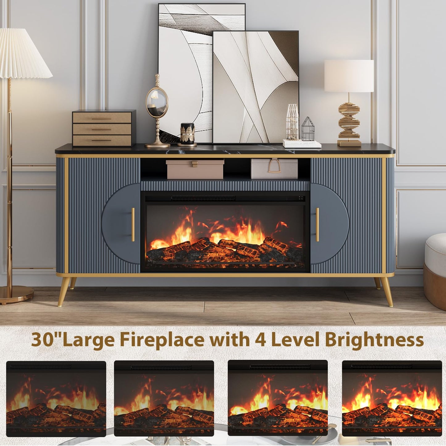 Fluted Fireplace TV Stand Up to 80" TVs, Modern Entertainment Center with 30" Electric Fireplace, Luxury Media Console with Adjustable Shelves for Living Room, Navy Blue