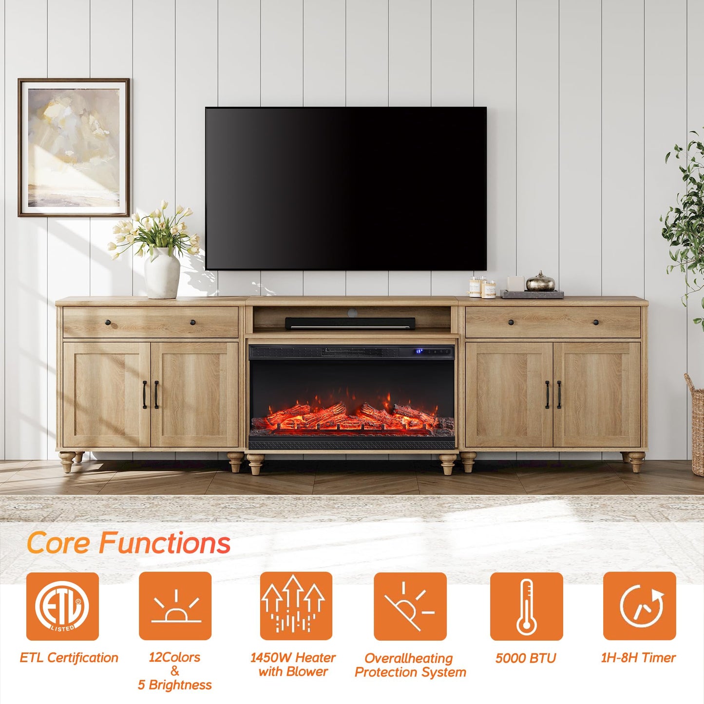 WAMPAT 36 inch 3-Sided Glass Electric Fireplace Insert, Freestanding Fireplace with Remote Control,12-Color Flame, 5 Adjustable Brightness,8 Hour Timer,1400W Fireplace Heater