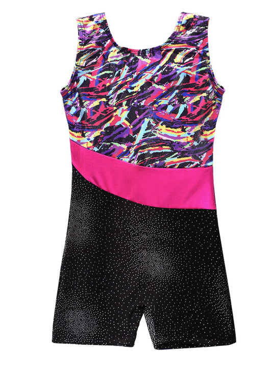 Black Gymnastic leotards with Shorts 3 4 Sparkle Stripes Sleeveless Biketards Hotpink Black Biketard (Pink, 100(3-4 years old))